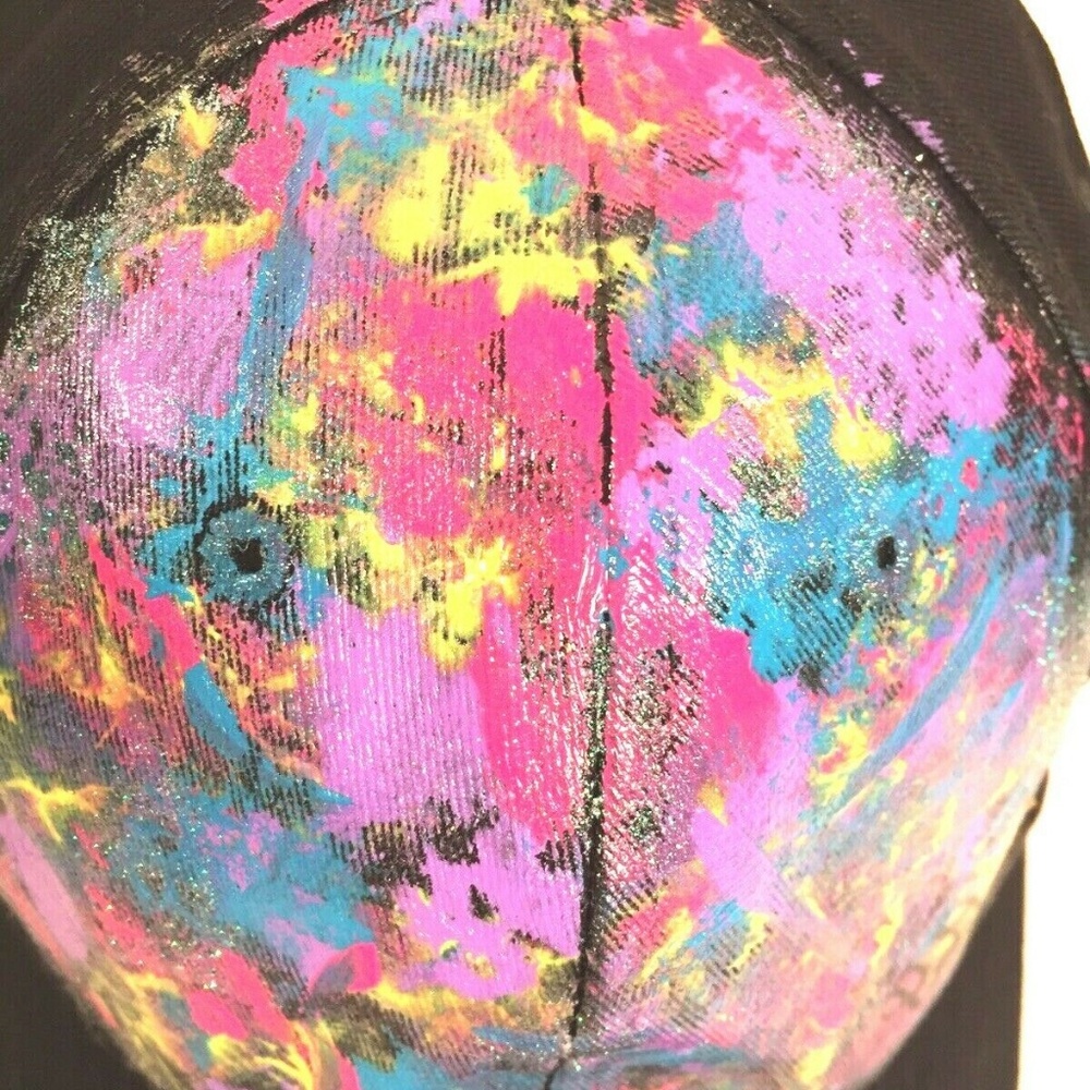 Hand Painted Hat Cap Abstract Art Neon Colors - Picture 3 of 8
